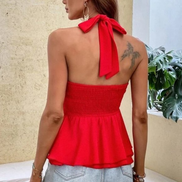 RED BOHO VIBES Ruffle Hem Halter Shirred Back Blouse Top - Picture 7 of 7
